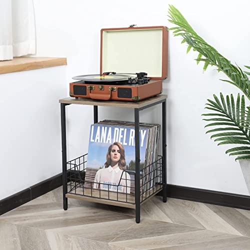 2-Tier Record Player Table, Industrial Retro Side Table Nightstand Small End Table for Living Room Bedroom Kitchen Office Small Spaces, Record Pl