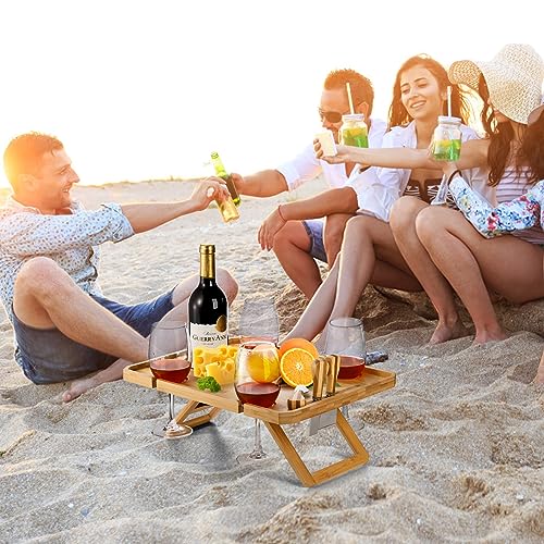 Kingrol Bamboo Wine Picnic Table with Wine Bottle, Glass and Cheese Knife Holder - Park, Camping, Beach, Outdoor Snack and Cheese Tray, Wine Love