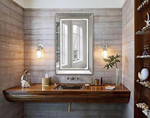 FOMAYKO Metro Beaded Retro Medicine Cabinet, Recess Mount 3 Adjustable Glass Shelves,Silver Frame, Installation Freedom with Door Swinging Left o