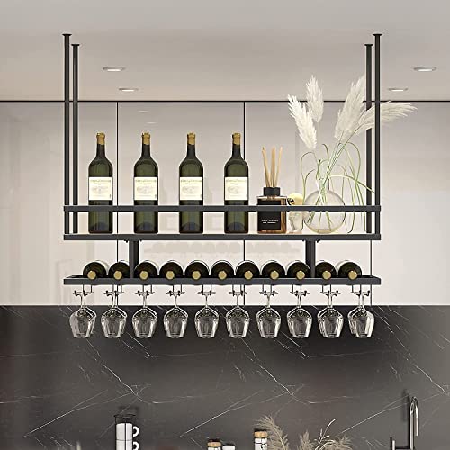 EMISOO Ceiling Mount Shelf Hanging Wine Rack with Glass Holder and Shelf, Adjustable Height Metal Ceiling Bar Wine Glass Rack, 2 Layer Industrial