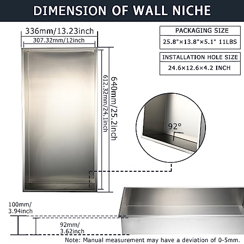 Supllueer 24"×12" Shower Niche Brushed Stainless Steel, Recessed Shower Caddy, Bathroom Shelf Insert Fits for 23"x23" Wall Hole Installation