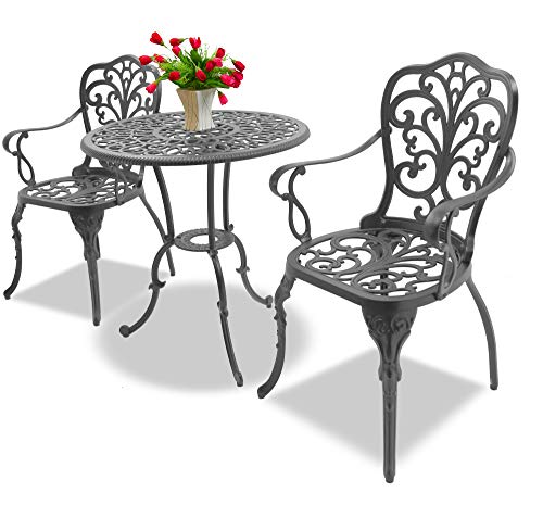 Homeology BANGUI Luxurious Garden & Patio Table & 2 Large Chairs with Armrests Cast Aluminium Bistro Set Grey