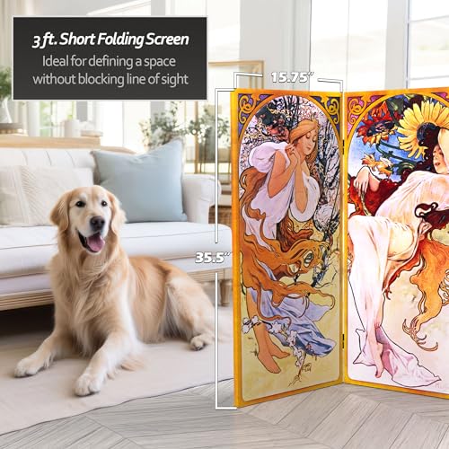 Red Lantern 3 ft. Short Double Sided Four Seasons Canvas Folding Screen 4 Panel Freestanding Partition and Separator for Modern and Contemporary