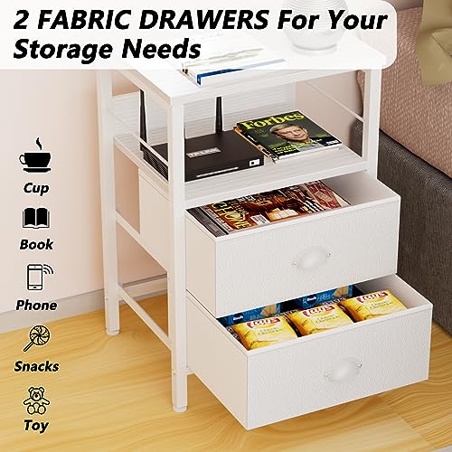 Furologee Nightstand with 2 Fabric Drawers, White Beside Table, End Table with 2-Tier Shelf, Side Table with Hooks and Wood Top for Bedroom/Livin