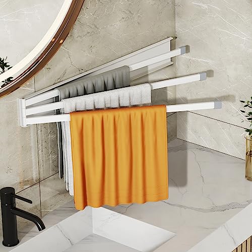 CHAHUANV Wall Mounted Towel Holder Rack,Towel Bar Swivel with 3-Arm,Space Saving Clothing Rack for Laundry,White