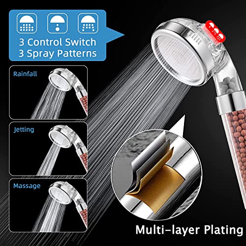 LAMOOER Shower Heads with Beads Filter High Pressure Shower Head Handheld with 3 Spray Modes Water Saving Bathing (1 Pack)
