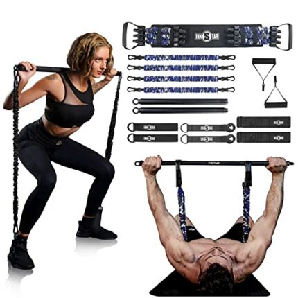 INNSTAR Portable Home Gym Set with Workout Bar, Bench Press Set, Squat Resistance Band, Door Anchor and More-Full Body Workout Equipment to Build