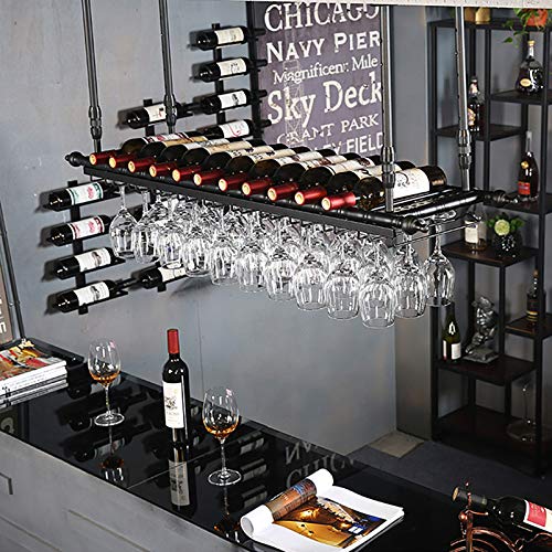 KEppd Wine Rack Wall Mounted - Bar Floating Wine Racks Adjustable Height Ceiling Mounted Wine Shelf Bottle Holder with Glasses Cups Rack for Rest