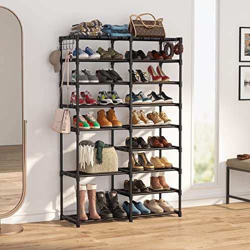 Tribesigns Shoe Rack Organizer, 32-40 Pairs Storage Shelf, 9 Tiers Stand, for Closet, Boot Organizer with 2 Hooks, Stackable Tower