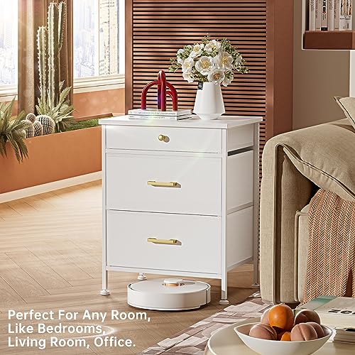 GipGiper Nightstand with 3 Drawers, Dresser for Bedroom, Small Dresser Night Stand with Fabric Bins, Leather Finish, Modern Bedside Table End Sid