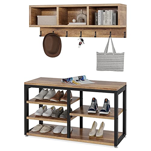 LITTLE TREE Coat Shoe Rack entryway Bench, Engineered Wood Metal, Black+Oak