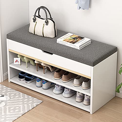 Shoe Storage Bench, Entryway Bench with Flip Top Storage Space And Padded Cushion, 2 Tier Wooden Shoe Storage Cabinet, Shoe Rack for Entryway Liv