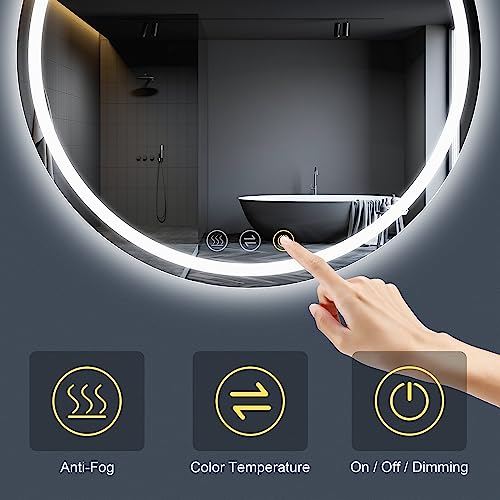 ICYWANG Round Bathroom Mirror with Led Light 400mm lluminated Wall Mounted Vanity Mirror with Demister, 3 Colors Temperature,Touch Switch, Dimmab
