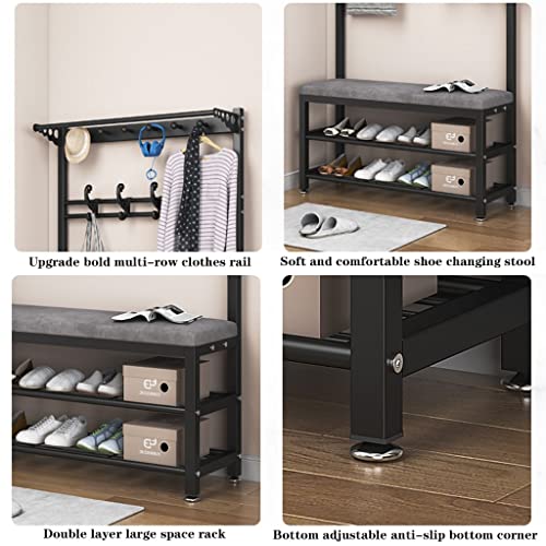 Modern Entry Hall Tree Coat Rack Shoe Storage Bench with 4 Detachable Hooks Industrial Accent Furniture with Metal Frame Multifunction Hallway Be