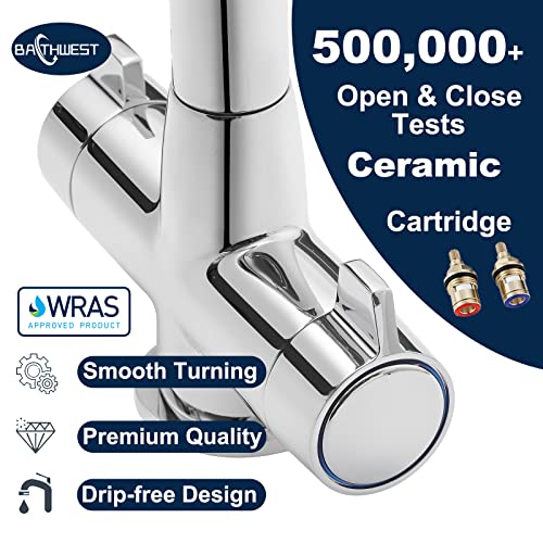 Kitchen Tap, BATHWEST Kitchen Mixer Tap with Swivel Spout, Dual Lever Knob Chromed Brass Modern Kitchen Sink Tap with UK Standard Fittings
