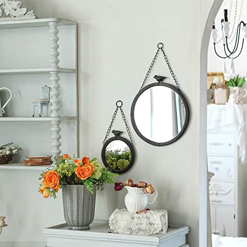 NIKKY HOME 11.25" Vintage Round Metal Framed Wall Mounted Mirror with Bird, in Matt Black 28.5 x 2.5 x 31.5 CM