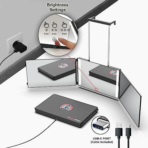 LIPFISBARBERSHOP.COM The 360 LED Mirror - Travel Version with Adjustable Telescoping Hooks, Perfect Self Haircut Mirror for Men - 3 Way Mirror fo