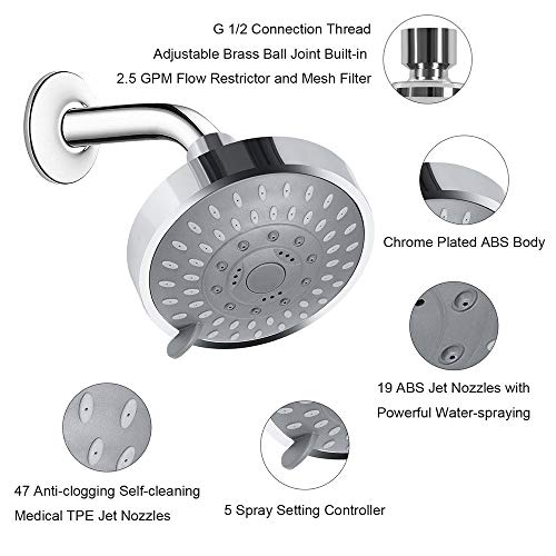 Kaxich Shower Head 4 Inch Rainfall High Pressure Showerhead 5 Spray Settings with Adjustable Metal Swivel Ball Joint, Fixed Mount