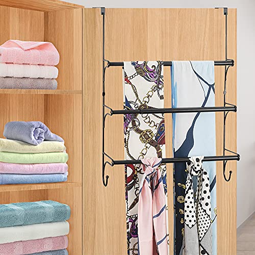 Over the Door Towel Rail - 3 Tier Bathroom Hanging Towel Rack with 2 Hooks - Expandable Towel Ladder for Towelsor Clothing - Black