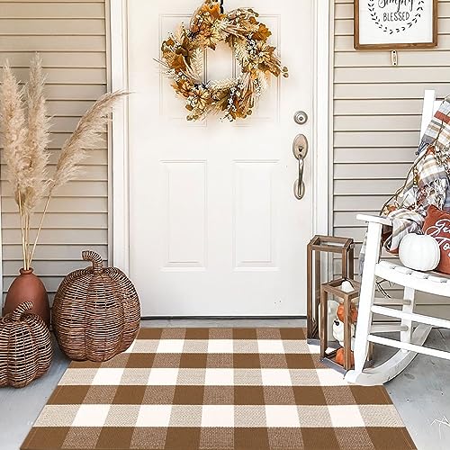 Orange and Black Plaid Rug, 35.4''x59'' Fall Outdoor Front Door Decorative Mat, Hand-Woven Rug for Layered Door Mats Washable Carpet for Porch, E