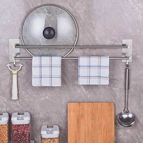 JS Towel Rail Self Adhesive Towel Holder Hanger SUS304 Stainless Steel Towel Rack 43.5cm/17.1 inch Anti-rust Dual Rod Towel Shelf Bar with 2 Hook