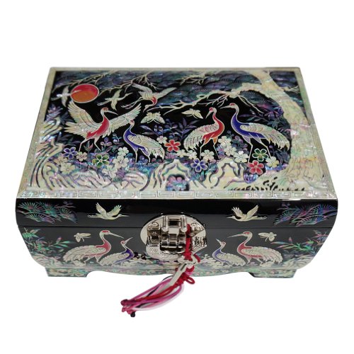 Mother of Pearl Crane Bird and Pine Tree Design Purple Wooden Jewellery Drawer Mirror Trinket Keepsake Treasure Gift Asian Lacquer Box Case Chest