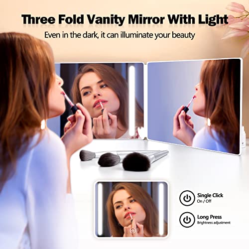 JANMPASK LED 3 Way Mirror for Self Hair Cutting Mirror Vanity Mirror Barber Supplies Accessories 360 Makeup Mirror with Light Trifold Mirror to S