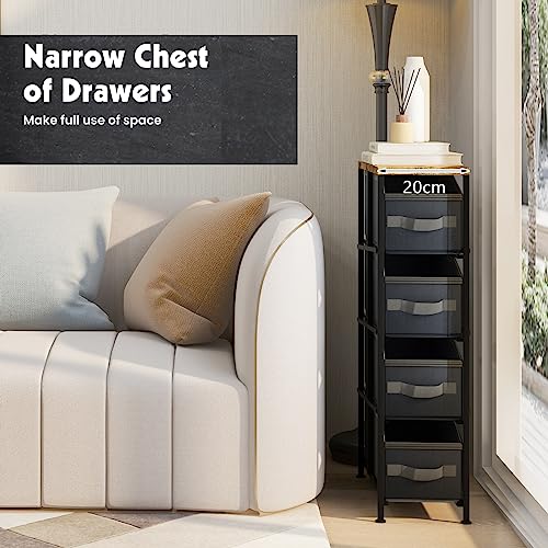 Multigot Slim Chest of Drawers, Folding Fabric Drawer Dresser with 4 Removable Drawers & Wooden Top, Narrow Storage Tower Unit for Bedroom, Livin