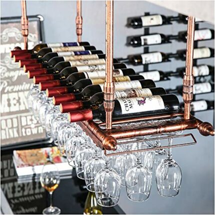 Ceiling Wine Rack Vintage Wrought Iron Wine Rack Home Goblet Rack Restaurant Kitchen Bar Decoration Floating Wine Rack Adjustable Height (Bronze