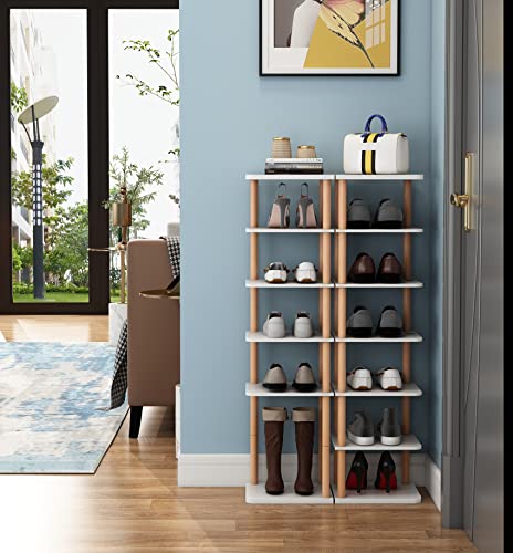 LUCKNOCK 7 Tiers Vertical Shoe Rack, Narrow Shoe Organizer, Stylish Wooden Shoe Storage Stand, Space Saving Shoe Shelf, Shoe Tower, Free Standing