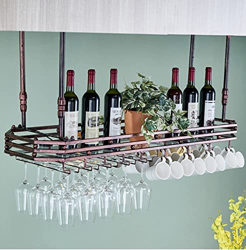 EMISOO Ceiling Wine Glass Rack, Hanging Wine Glass Rack, Ceiling Mount Metal Wine Glass Holder with Display Shelf,Height Adjustable Hanging Wine