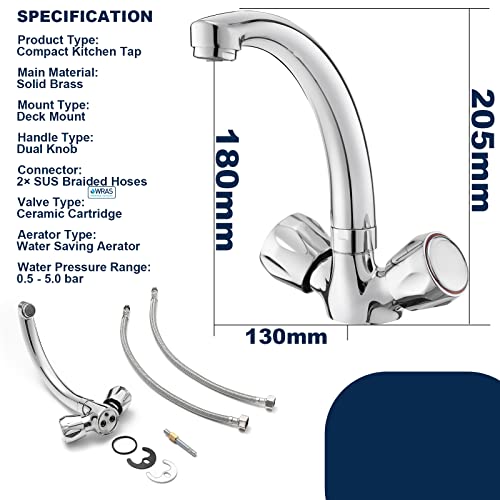 Kitchen Taps, BATHWEST Compact Kitchen Sink Tap, Dual Knob 360°Swivel Solid Brass Advanced Multi-Layer Chrome Modern Kitchen Mixer Tap with UK St