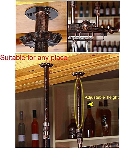 SUCHETA Hanging Wine Rack with Glass Holder and Shelf, Adjustable Height Wine Rack Ceiling Hanging Wine Glass Holder Vintage Wine Bottle Holder R