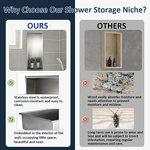 Supllueer 24"×12" Shower Niche Brushed Stainless Steel, Recessed Shower Caddy, Bathroom Shelf Insert Fits for 23"x23" Wall Hole Installation