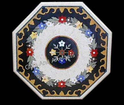 36 x 36 Inches Black Octagon Shape Marble Dining Table Top Pietra Dura Art Kitchen Table for Home Furniture Decor