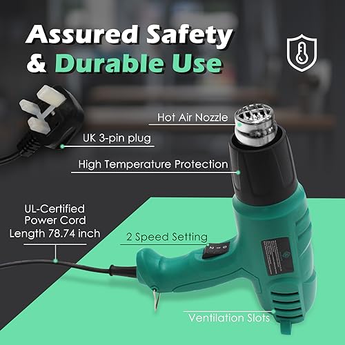 2000W Heat Gun, Heavy Duty Hot Air Gun Kit Variable Temperature Settings 450ºC & 600ºC, with 4 Nozzles for DIY, Stripping Paint, Shrinking PVC an