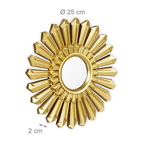 Relaxdays Sunburst Decor Mirror, Set of 3, Round Hanging Mirror, Plastic Frame, Ø 25 cm, Gold