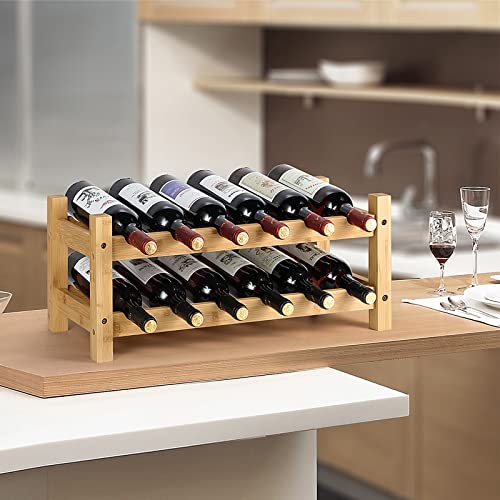 HYNAWIN 2 Tiers Bamboo Wine Rack Free Standing Wine Display Stand Wine Storage Rack Shelf Wine Bottle Holder for Home Living Room Kitchen Bar, 12