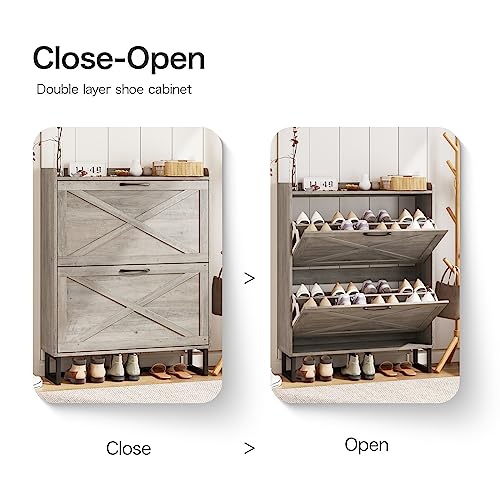 Maupvit Shoe Cabinet with 2 Flip Drawers, Freestanding Shoe Cabinet Organizer with Metal Legs, Shoes Storage Cabinet for Entryway, Narrow Shoe Ra