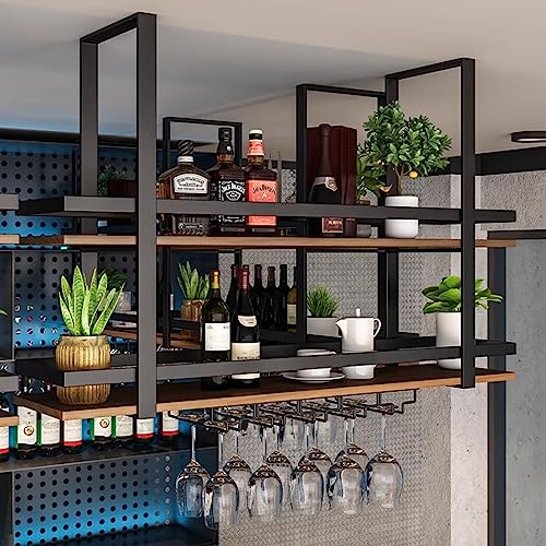 Hanging Wine Rack, Metal Ceiling Bar Wine Glass Rack with Glass Holder and Shelf 3-Layer Industrial Wall Mounted Wine and Glass Rack for Bars Res