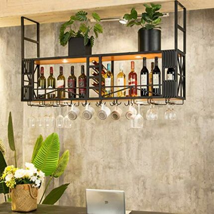 WLABCD Bar Wine Rack Restaurant Wall-Mounted Wine Bottle Rack，Industrial Hanging Wine Glass Holder 2-Tiers Iron Home Decoration Ceiling Upside Do