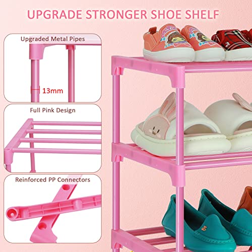 LNYZQUS Small Kids Shoe Rack, 4 Tier Pink Shoe Organizer Shoe Shelf For Closet,Stackable Narrow Shoe Stand Slim Zapateras Organizer,Cute Toddler