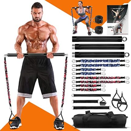 DASKING Portable home fitness equipment with 8 shatterproof, stackable resistance bands, home gym band bar set, removable 227 kg 2-in-1 Pilates b