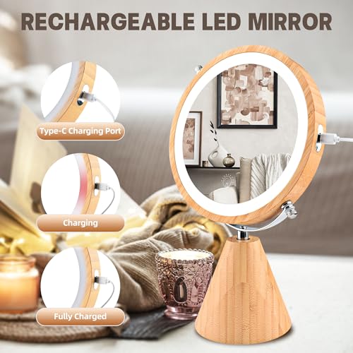 SLIMOON 8" Vanity Mirror with Lights and Bamboo Stand, 1X/10X Double Sided Magnifying Mirror with Light, 360° Rotation, 3 Colors Brightness Adjus