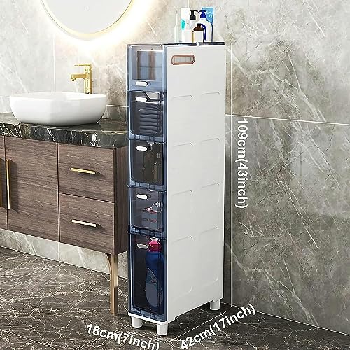 Narrow Bathroom Floor Cabinet, Slim Toilet Storage Cabinet Storage Tower with Clear Drawers and Casters, Sturdy Narrow Dresser Tower for Bathroom