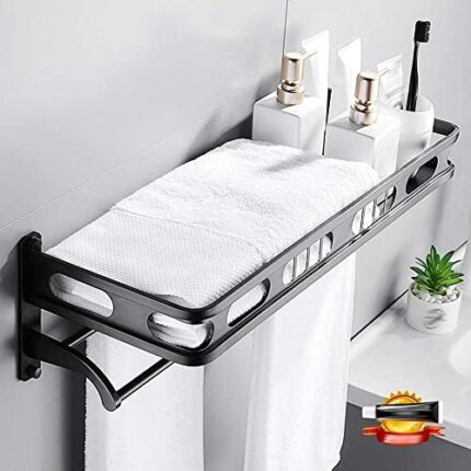 XHALERY Bathroom Shelf, Aluminum Towel Rack with Double Towel Shelf, Wall Mounted Shower Shelf (60Cm Long)/Black