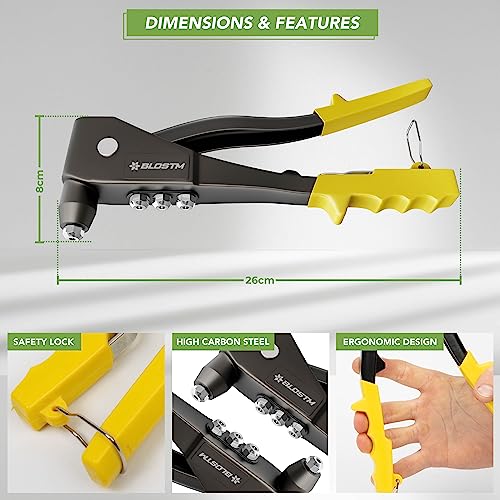 BLOSTM Pop Rivet Gun Kit - Full 200 Rivet Set with Pop Riveter & Carrying Case Containing 200 Rivets in 4 Sizes 2.4mm 3.2mm 4mm 4.8mm for Metal,