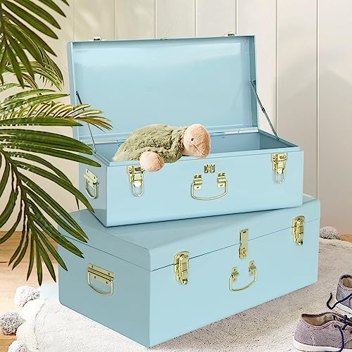 Vixdonos Metal Trunk Decorative Storage Box Set of 2 College Dorm Chest with Handle (Light Blue)