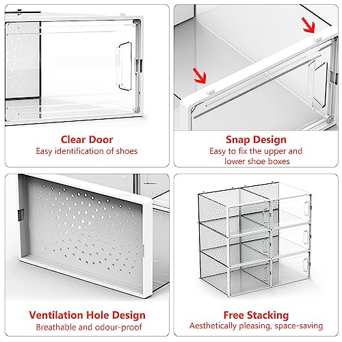 Ruucy 6pcs Shoe Storage Boxes, Clear Stackable Shoe Box with Magnetic Door, Large Plastic Shoe Organizer Containers with Lids for Women/Men (13.8