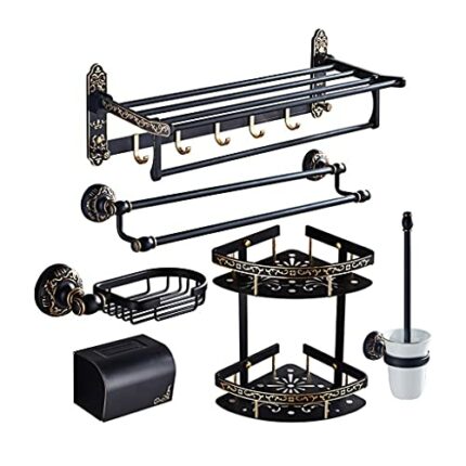 DINGZZ Bathroom Towel Rack Towel Rack Space Aluminum Black Gold Bathroom Pendant Towel Bar Toilet Rack Set